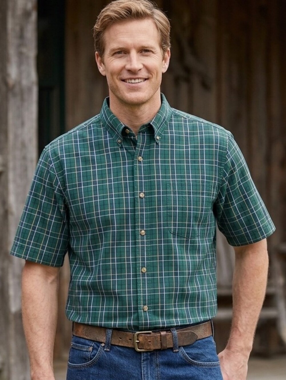 L.L. Bean Men's XLT Green Plaid Short Sleeve Wrinkle-Resistant Button Down Shirt